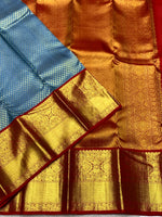 Load image into Gallery viewer, Classic Steel Blue &amp; Brick Red 2gm Zari Bridal Elegance Kanchipuram Handloom Silk Saree SS25835
