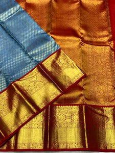 Classic Steel Blue & Brick Red 2gm Zari Bridal Elegance Kanchipuram Handloom Silk Saree SS25835