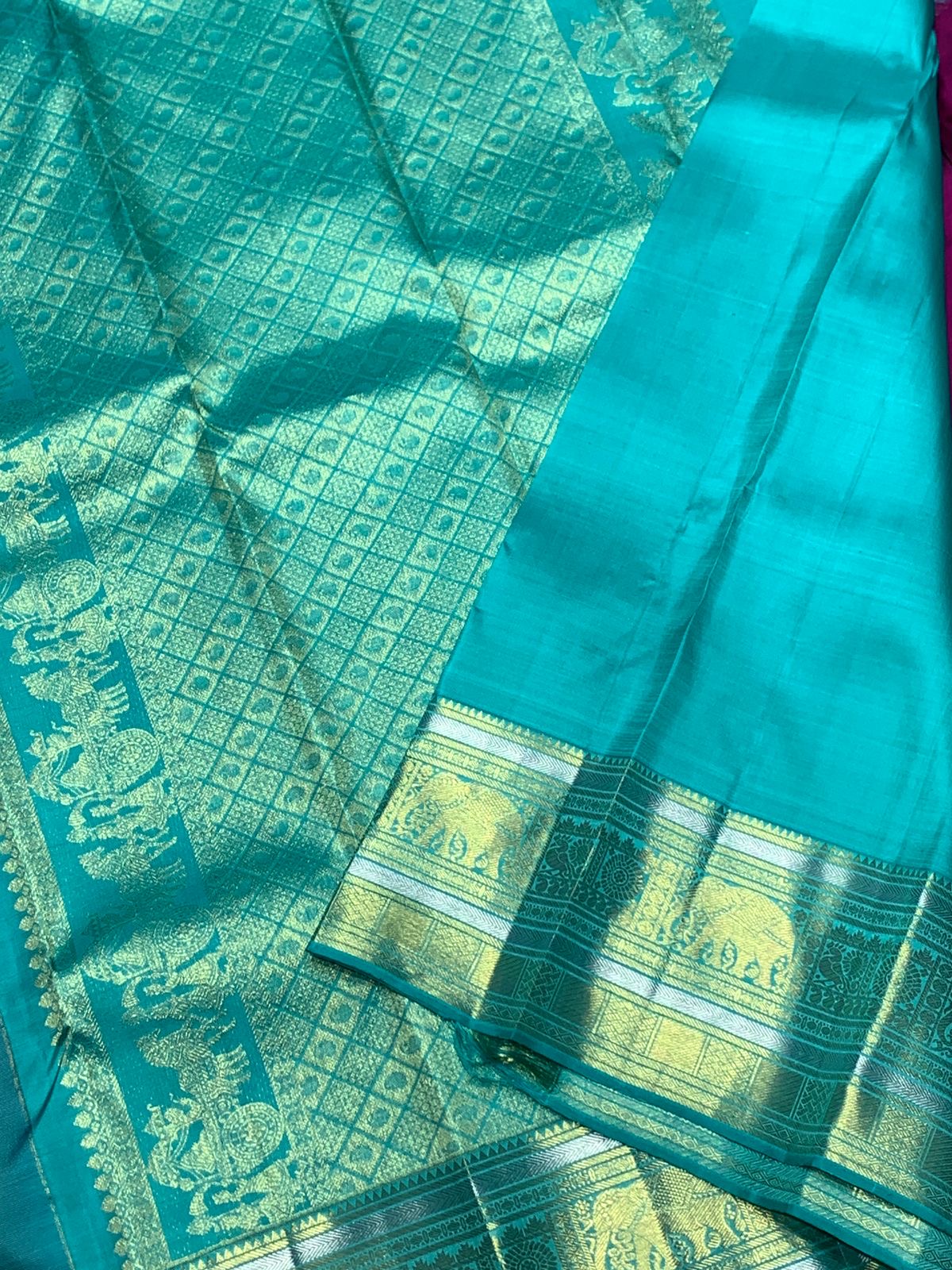 Classic Wine Red & Sea Green 2gm Zari Kanchipuram Handloom Silk Saree SS26005