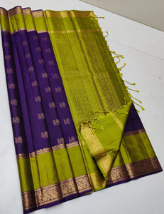 Classic Violet & Lime Green Double Warp Elegance Handloom Soft Silk Saree SS22186