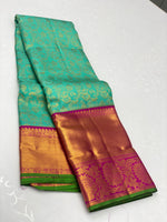 Load image into Gallery viewer, Classic Sea Green &amp; Ruby Pink 2gm Zari Elegance Kanchipuram Handloom Silk Saree SS24263
