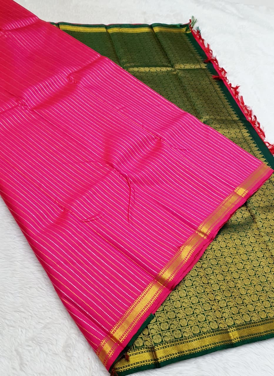 Classic Dark Pink & Green 1gm Zari Kanchipuram Handloom Silk Saree SS26609