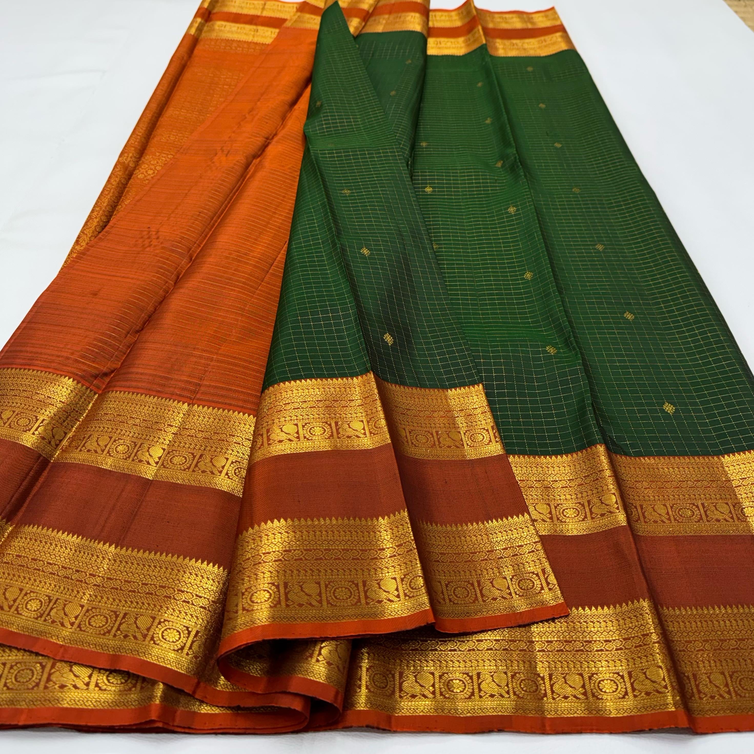 Classic Bottle Green & Mustard 1gm Zari Vaira Oosi Checks Elegance Kanchipuram Handloom Silk Saree SS24736