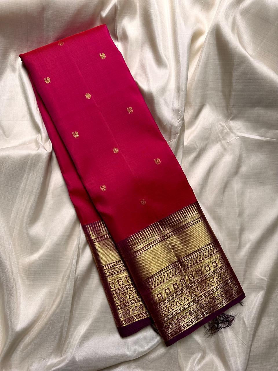 Classic Chilly Red & Berry Plum 2gm Zari Elegance Kanchipuram Handloom Silk Saree SS24630