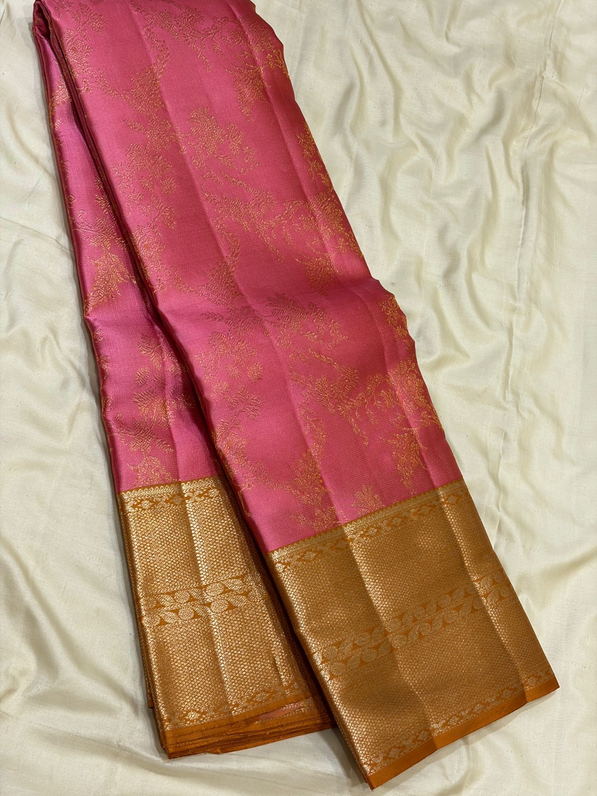 Classic Rose & Mustard 2gm Zari Brocade Kanchipuram Handloom Silk Saree SS26567
