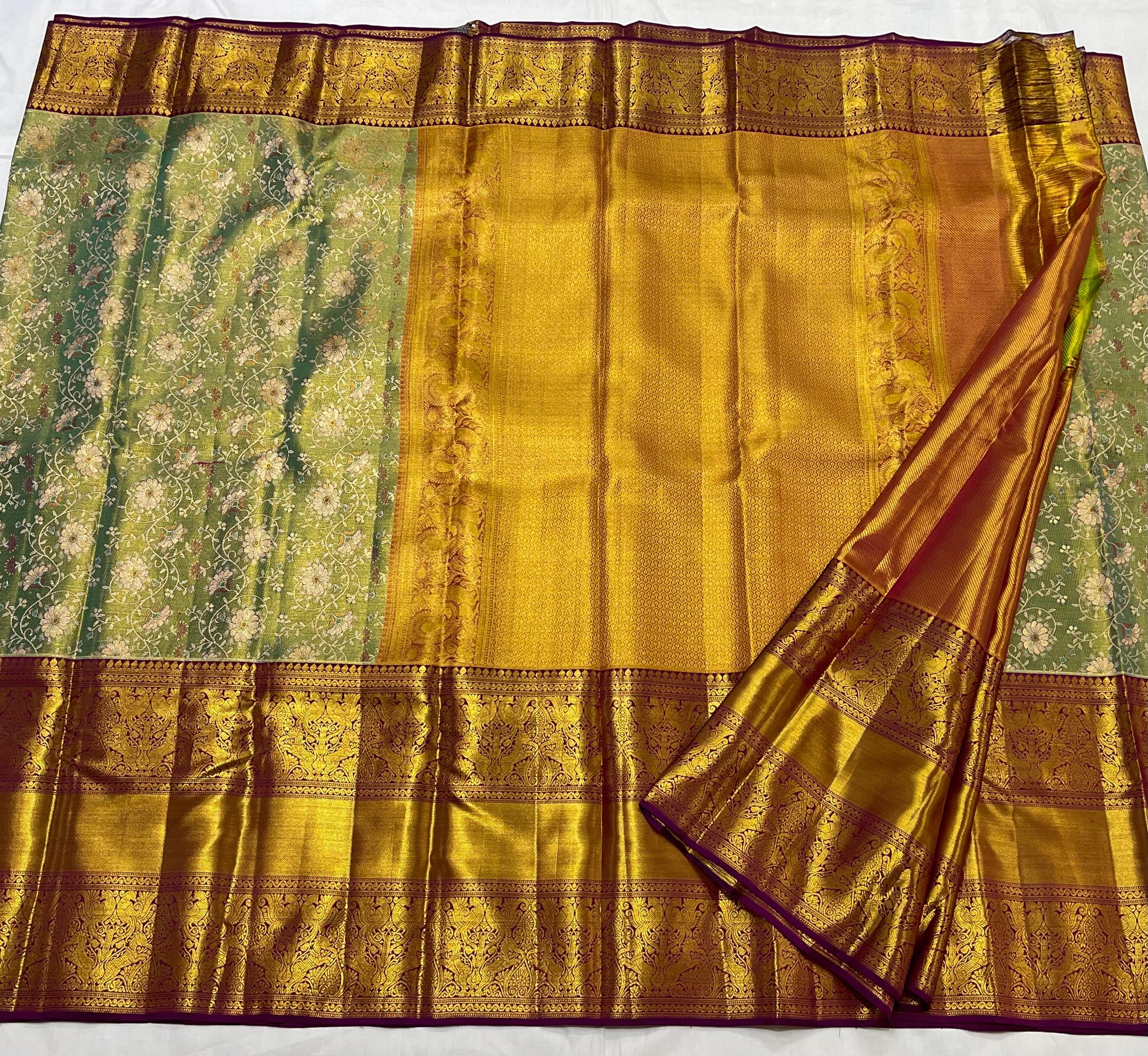 Shimmer Gold Green & Wine Red 2gm Zari Brocade Bridal Elegance Kanchipuram Handloom Silk Saree SS23637