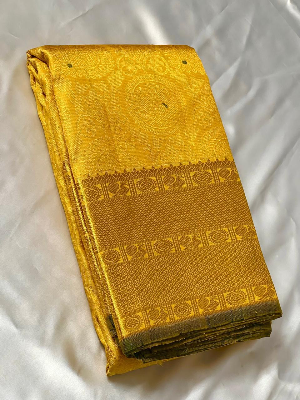 Classic Sunny Yellow 2gm Zari Bridal Elegance Kanchipuram Handloom Silk Saree SS24600