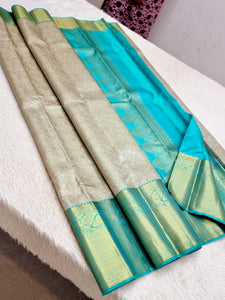 Classic Beige & Ice Blue 1gm Zari Elegance Kanchipuram Handloom Silk Saree SS24037