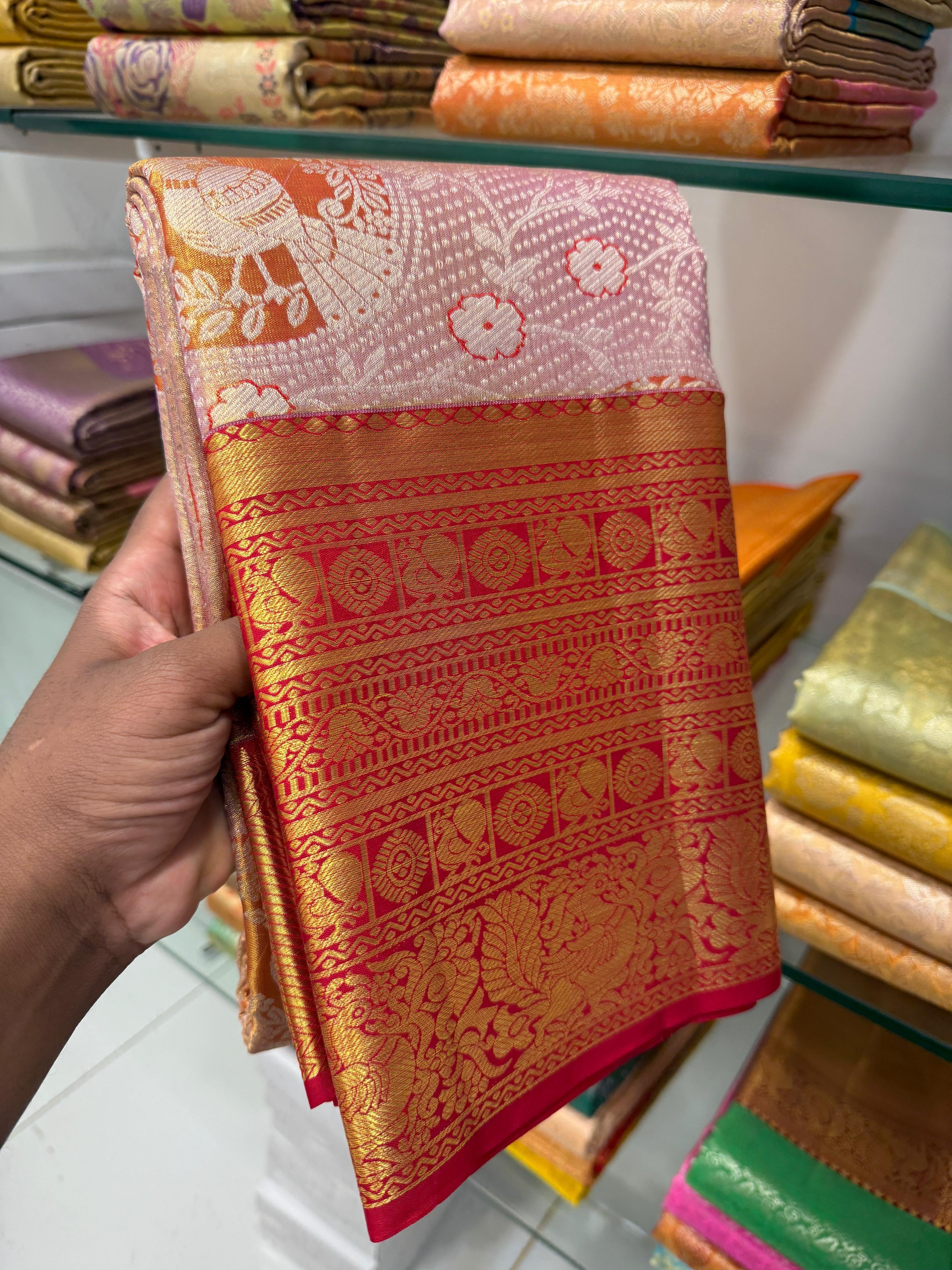 Classic Rose Gold & Brick Red Bridal Elegance Kanchipuram Tissue Handloom Silk Saree SS24179