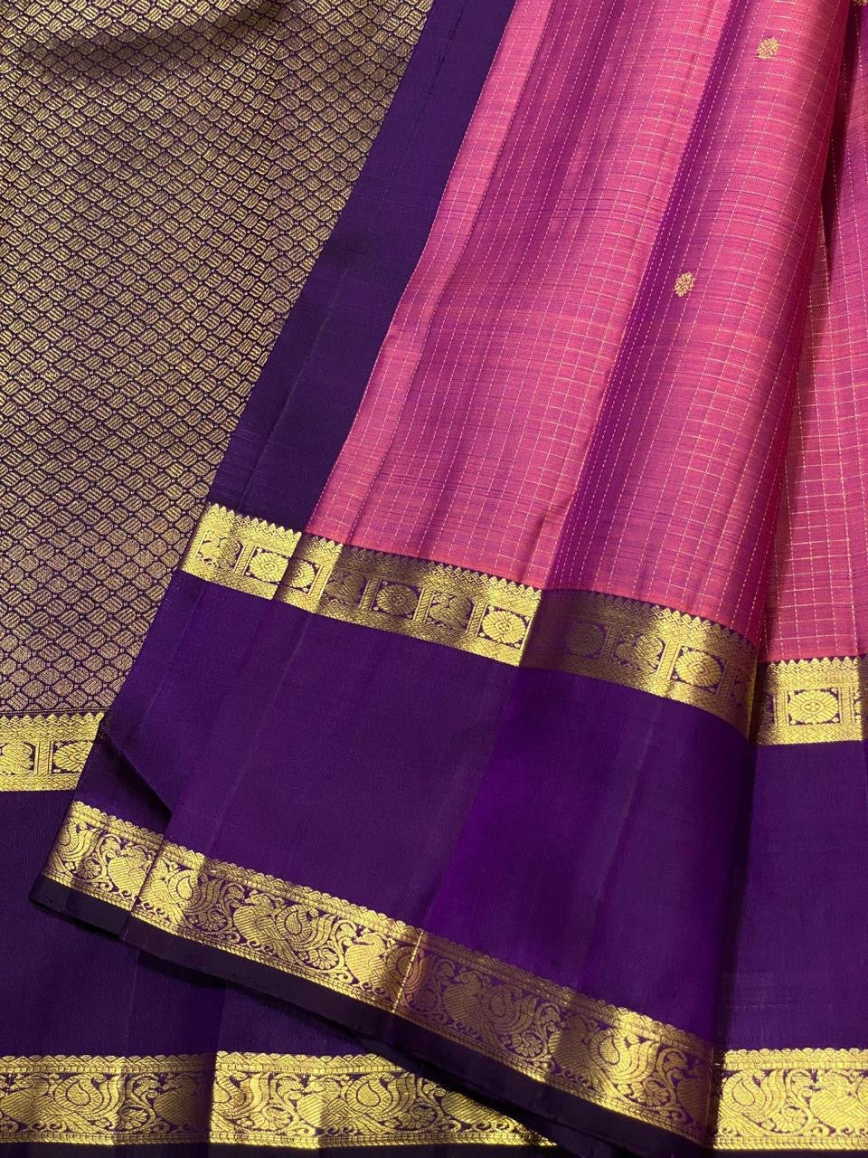 Classic Onion Pink & Violet 2gm Zari Vaira Oosi Kanchipuram Handloom Silk Saree SS25588