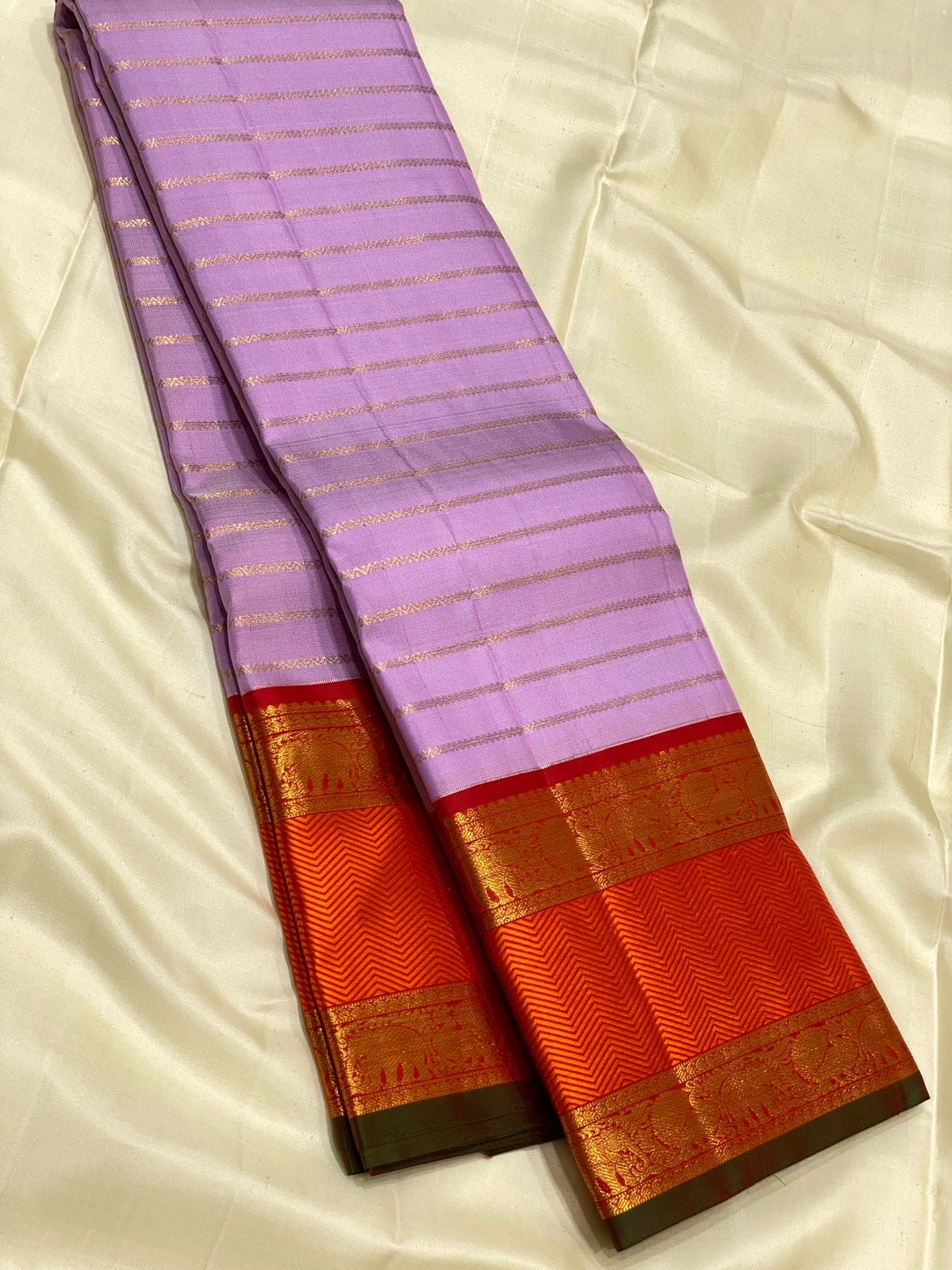 Classic Lilac & Orange 3gm Zari Vaira Oosi Beldari Design Elegance Kanchipuram Handloom Silk Saree SS24441