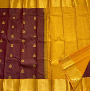 Classic Deep Brown & Golden Yellow 2gm Zari Kanchipuram Handloom Silk Saree SS25623
