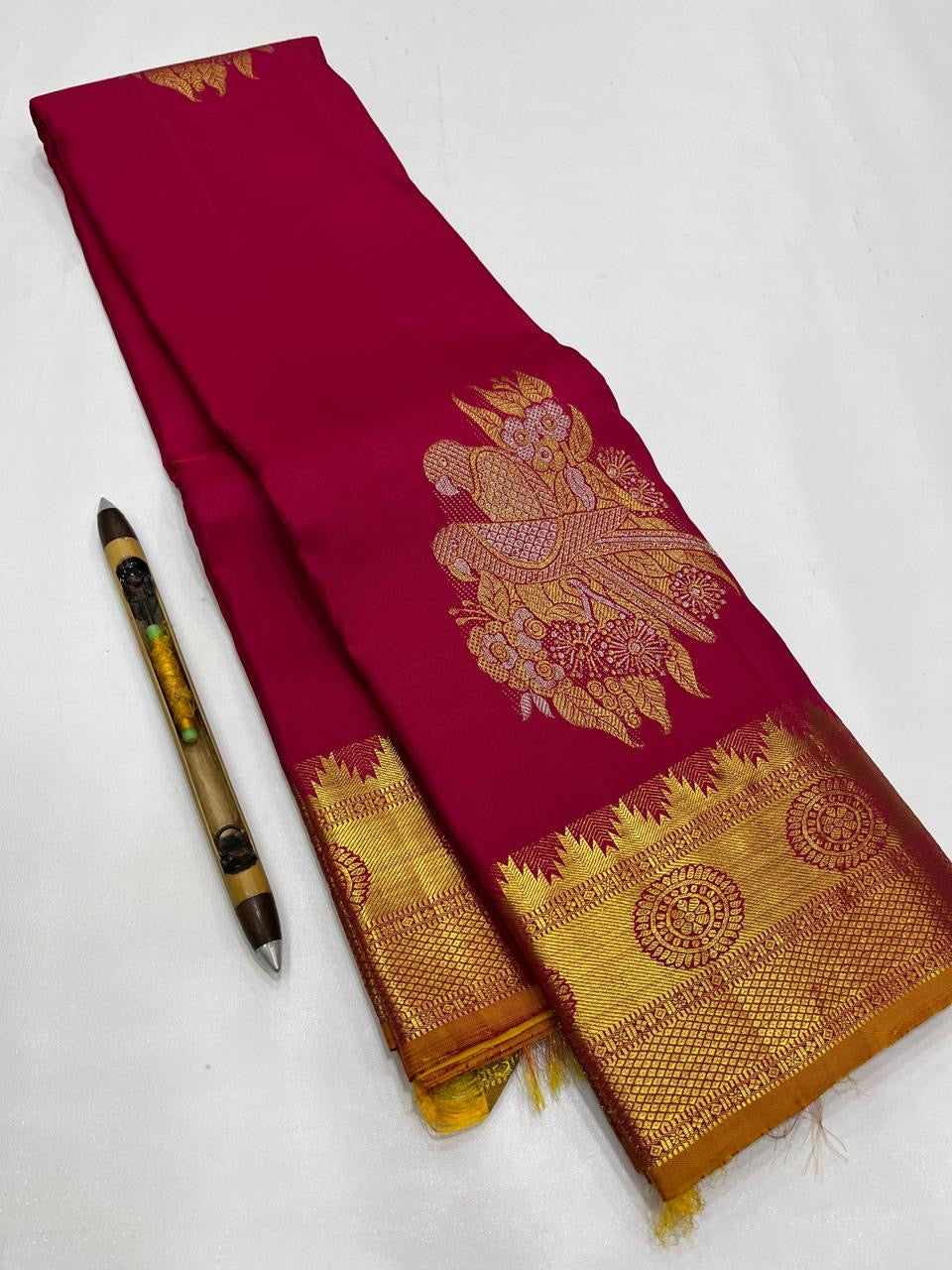 Classic Ruby Pink & Yellow Kanchipuram Handloom Silk Saree SS25967
