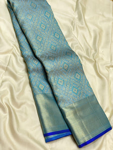 Classic Sky Blue & Royal Blue 2gm Zari Kanchipuram Handloom Silk Saree SS25619