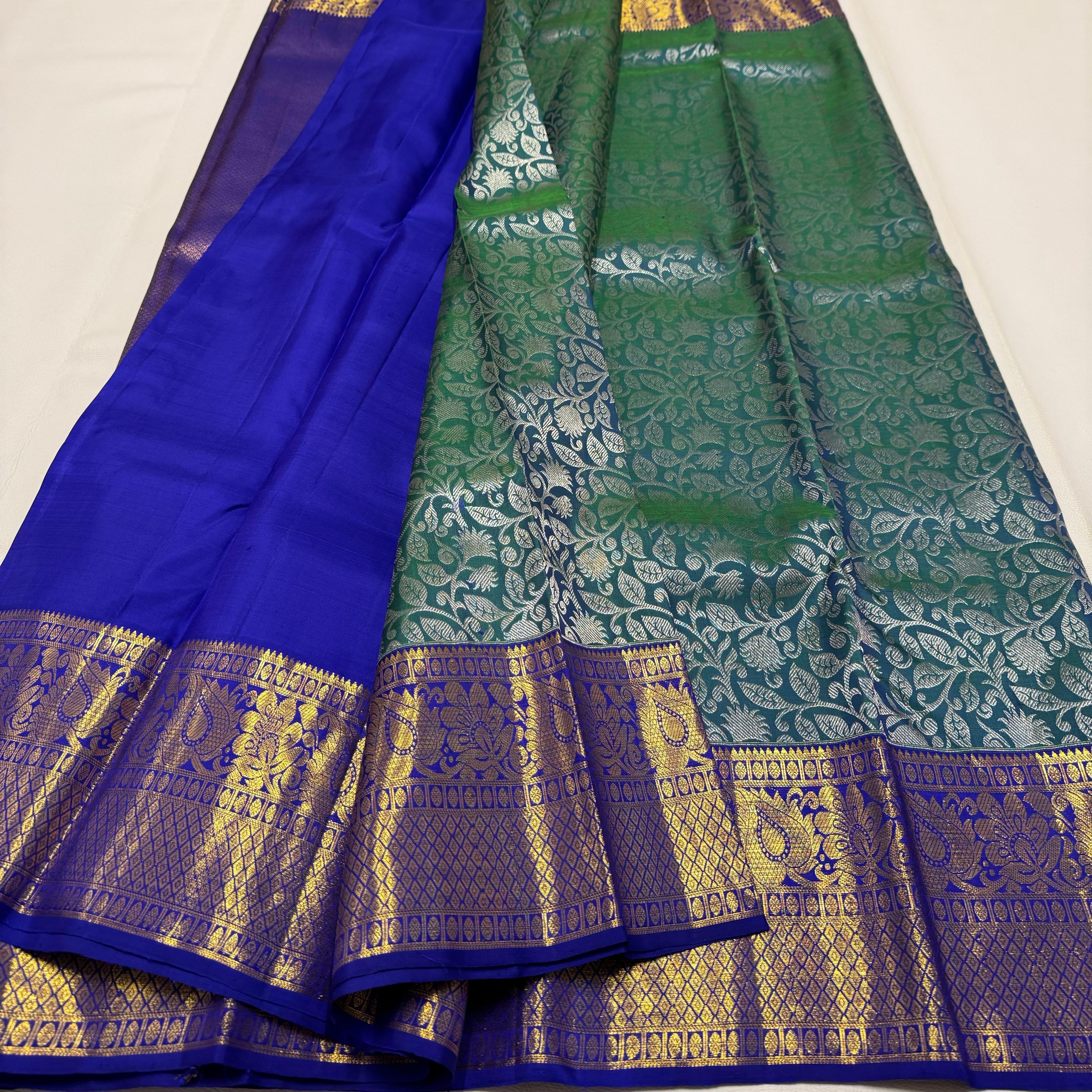 Classic Peacock Green & Robin Blue 1gm Zari Bridal Elegance Kanchipuram Tissue Handloom Silk Saree SS24632