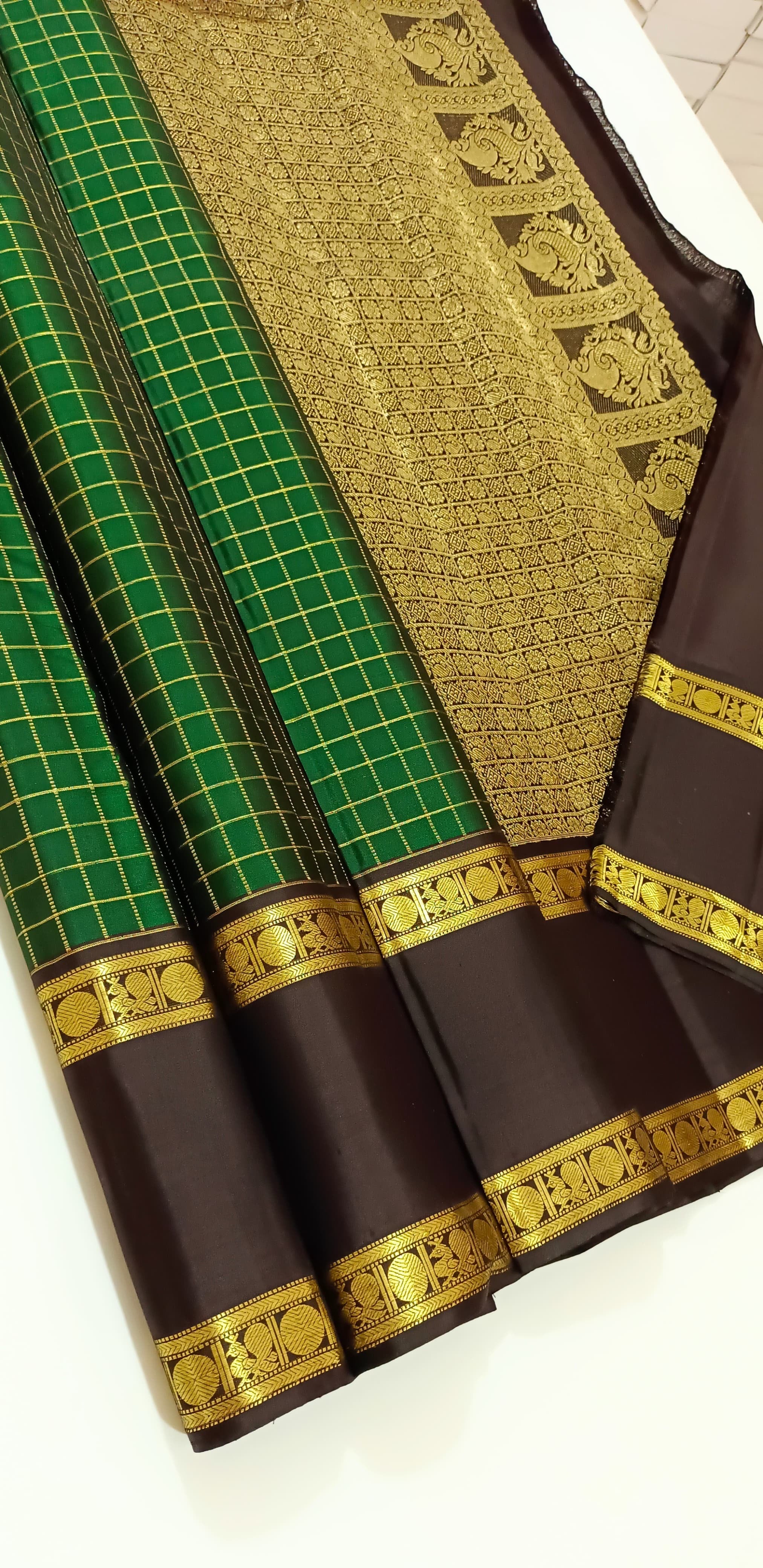 Classic Green & Dark Brown Zari Kattam & Rettai Pet Border Elegance Kanchipuram Handloom Silk Saree SS25337