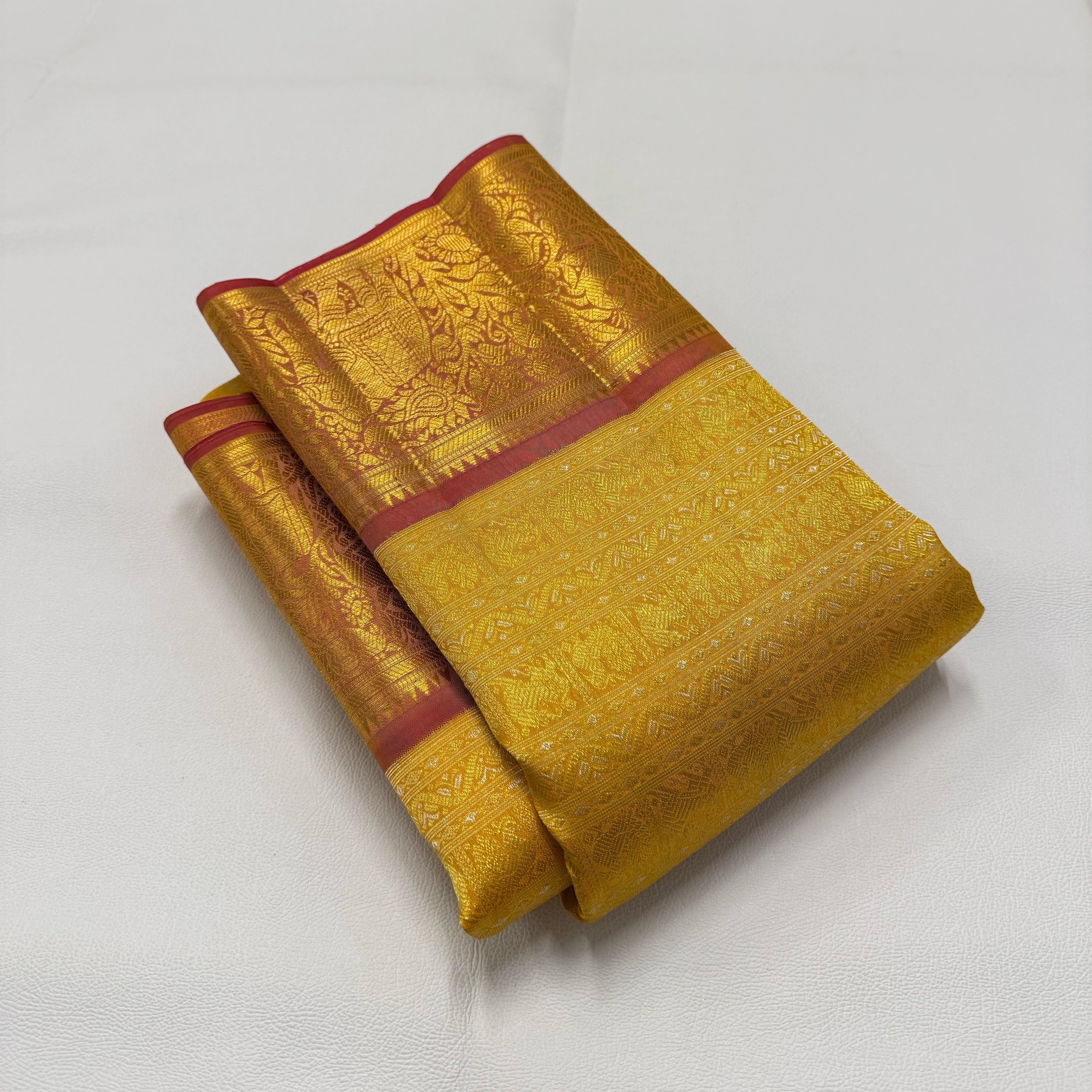 Classic Golden Yellow & Peanut Butter Brown 1gm Zari Bridal Elegance Kanchipuram Handloom Silk Saree SS24633