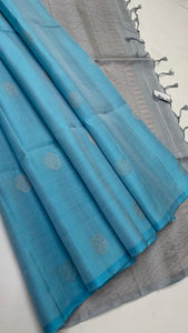 Classic Sky Blue & Cement Grey Elegance Handloom Soft Silk Saree SS23990