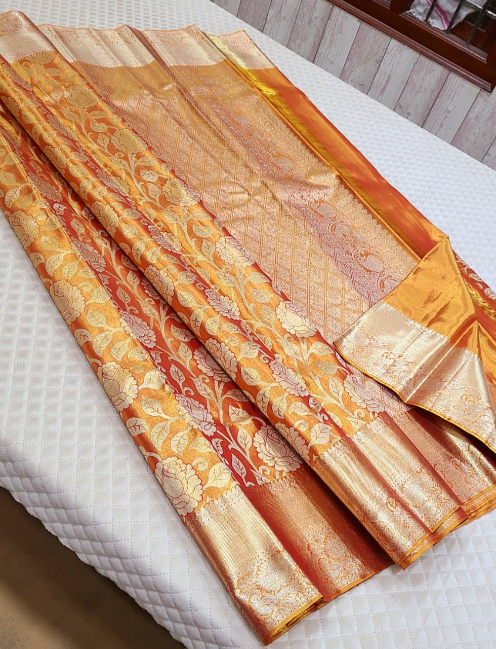 Classic Pastel Orange 2gm Zari Bridal Tissue Elegance Kanchipuram Handloom Silk Saree SS26611