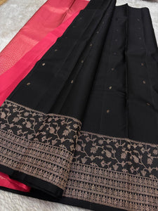 Classic Charcoal Black & Scarlet Rose Kanchipuram Handloom Silk Saree SS25911