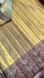 Load image into Gallery viewer, Classic Golden Cream &amp; Plum Bridal Elegance Kanchipuram Handloom Silk Saree SS28015
