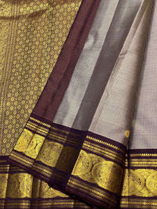 Classic Cement Grey & Chocolate Brown 2gm Zari Vaira Oosi Elegance Kanchipuram Handloom Silk Saree SS25327