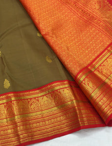 Classic Moss Green & Orange 1gm Zari Korvai Bridal Elegance Kanchipuram Handloom Silk Saree SS24481