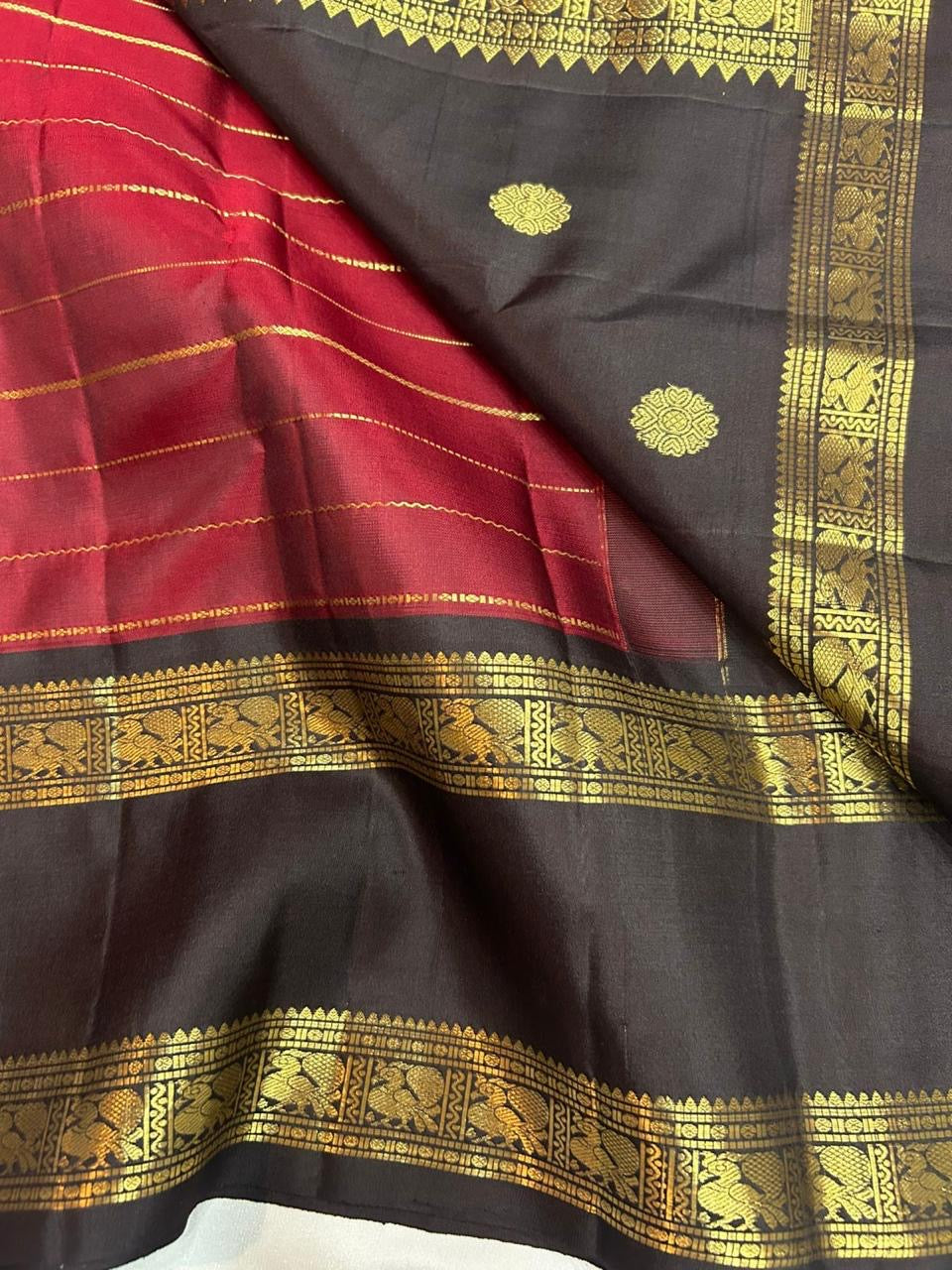 Classic Barn Red & Dark Brown Chocolate 2gm Zari Kanchipuram Handloom Silk Saree SS25837