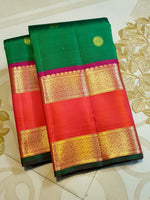 Load image into Gallery viewer, Classic Forest Green &amp; Orange Red 2gm Zari Bridal Elegance Kanchipuram Handloom Silk Saree SS28638
