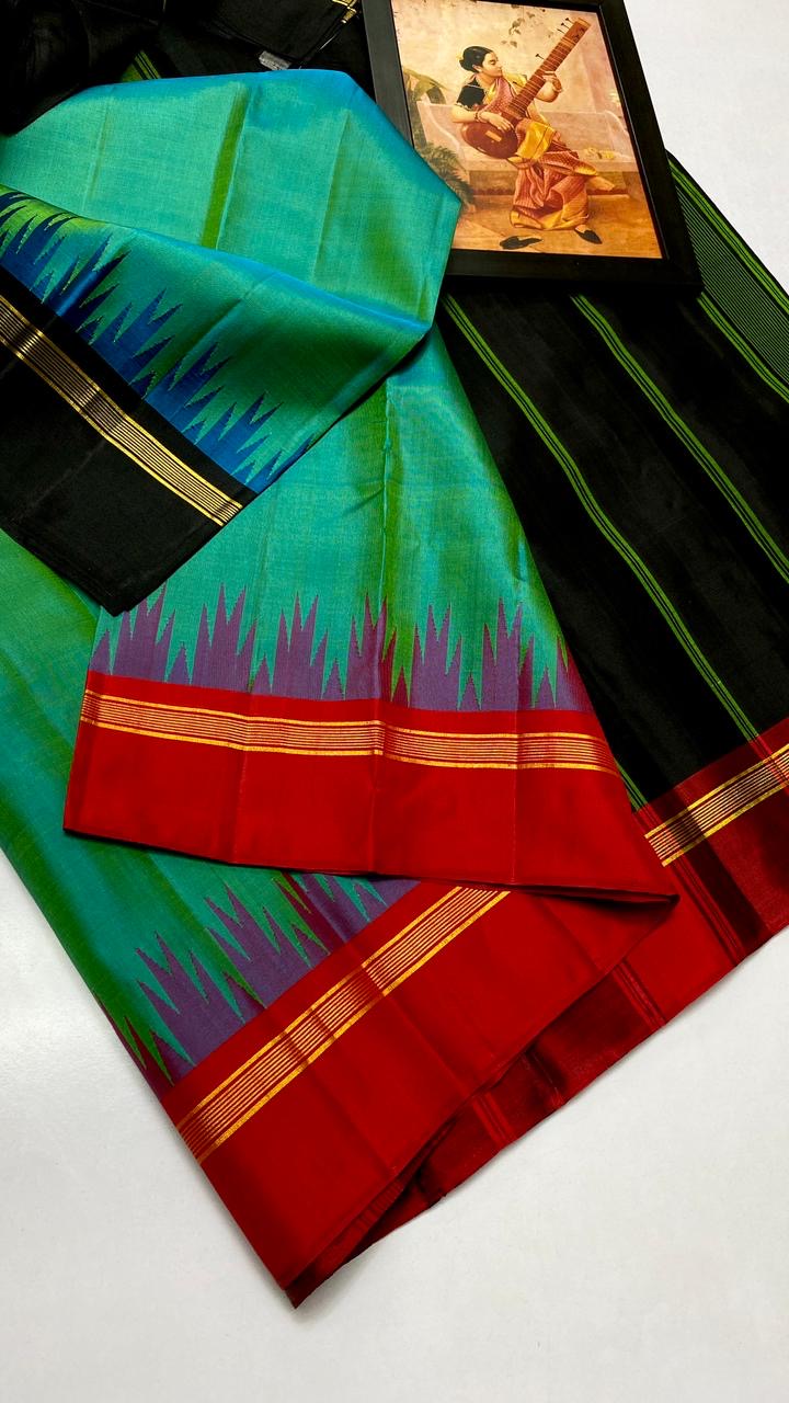 Classic Sea Green & Red Black Korvai Kanchipuram Handloom Silk Saree SS25886