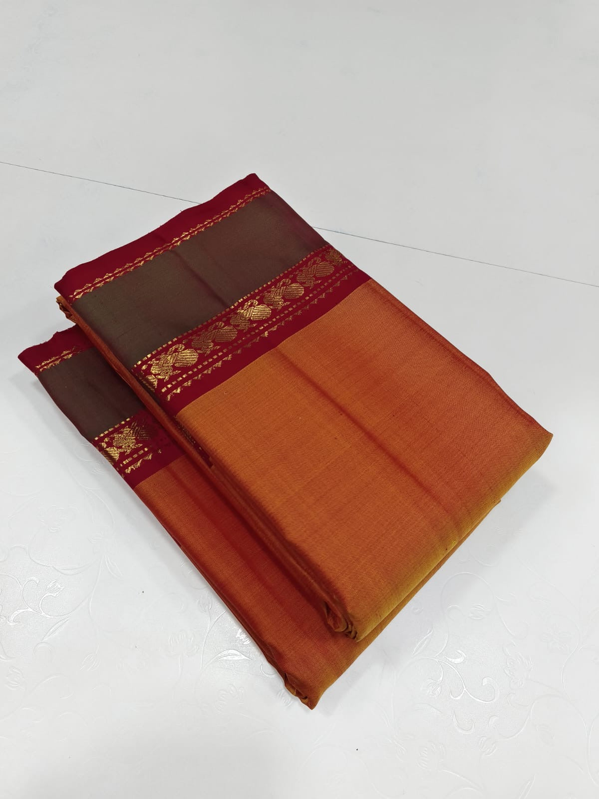 Classic Apricot Orange 1 gm Zari Elegance Kanchipuram Handloom Silk Saree SS20630