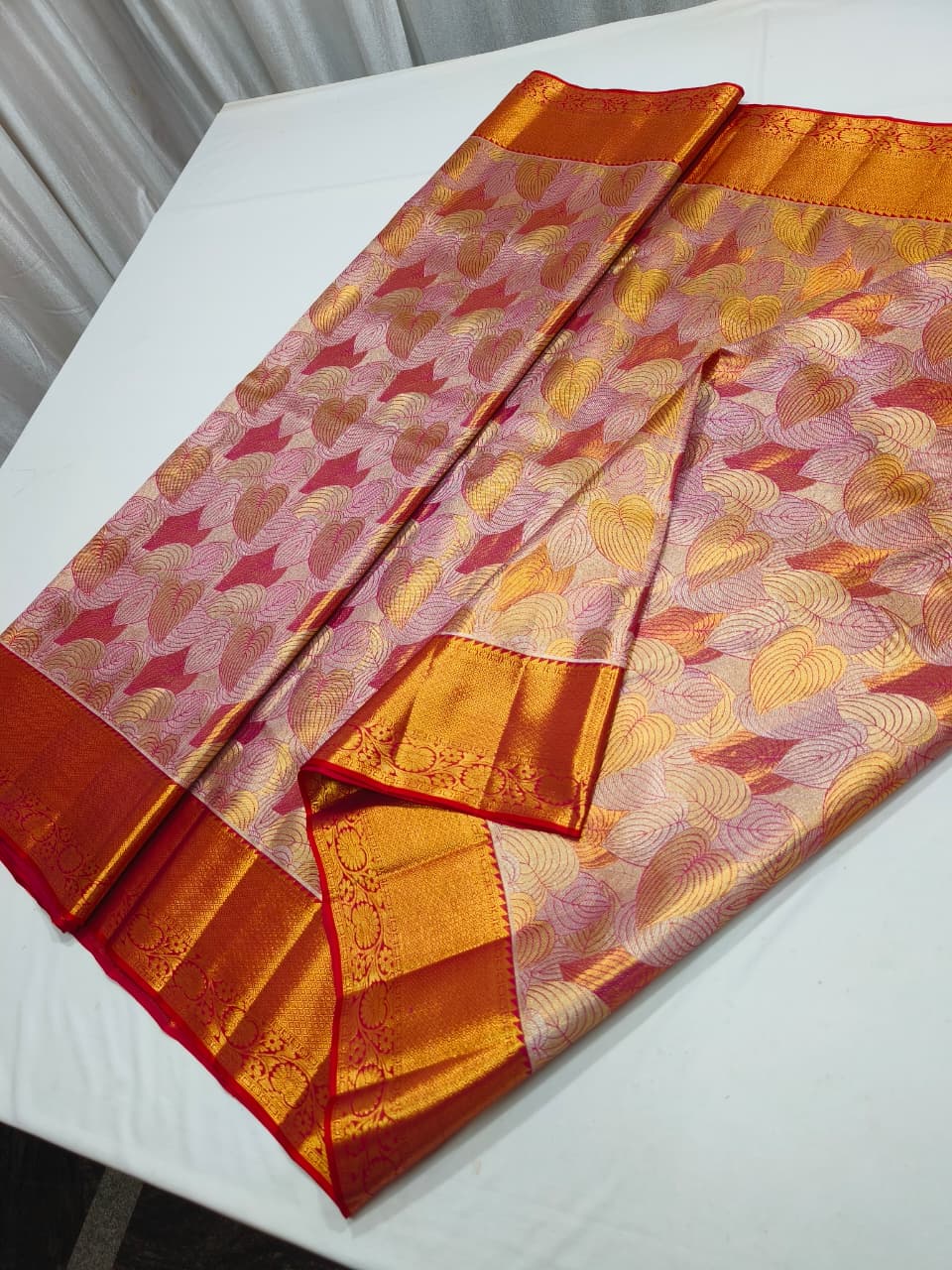 Classic Rose Gold & Dark Red 1point5 gm Zari Bridal Elegance Kanchipuram Handloom Silk Saree SS26453