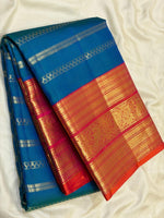 Load image into Gallery viewer, Classic Azure Blue &amp; Burnt Orange 2gm Zari Vaira Oosi Beldari Vintage Elegance Kanchipuram Handloom Silk Saree SS26988
