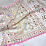 Load image into Gallery viewer, Classic Pearl White Banarasi Ektara Kora Silk Tilfi Jamdhani Elegance Handloom Silk Saree SS28585
