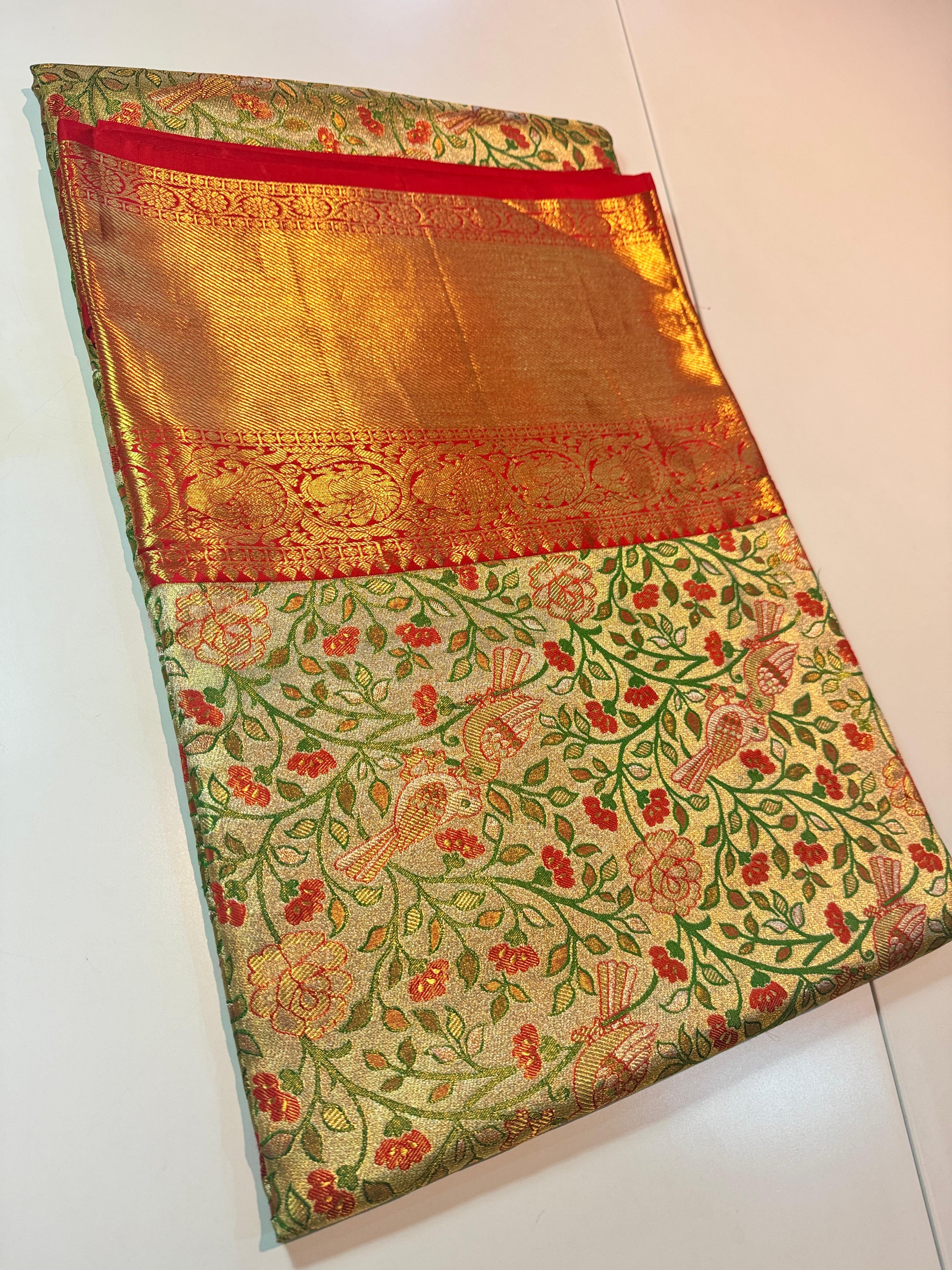 Classic Cream & Chilli Red Elegance Kanchipuram Tissue Handloom Silk Saree SS24509