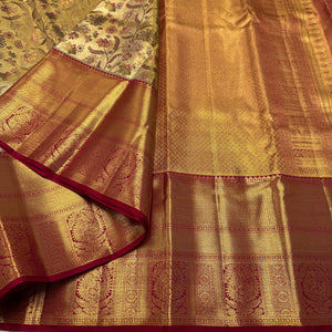 Classic Golden Cream & Maroon Korvai 1gm Zari Bridal Elegance Kanchipuram Tissue Handloom Silk Saree SS26299