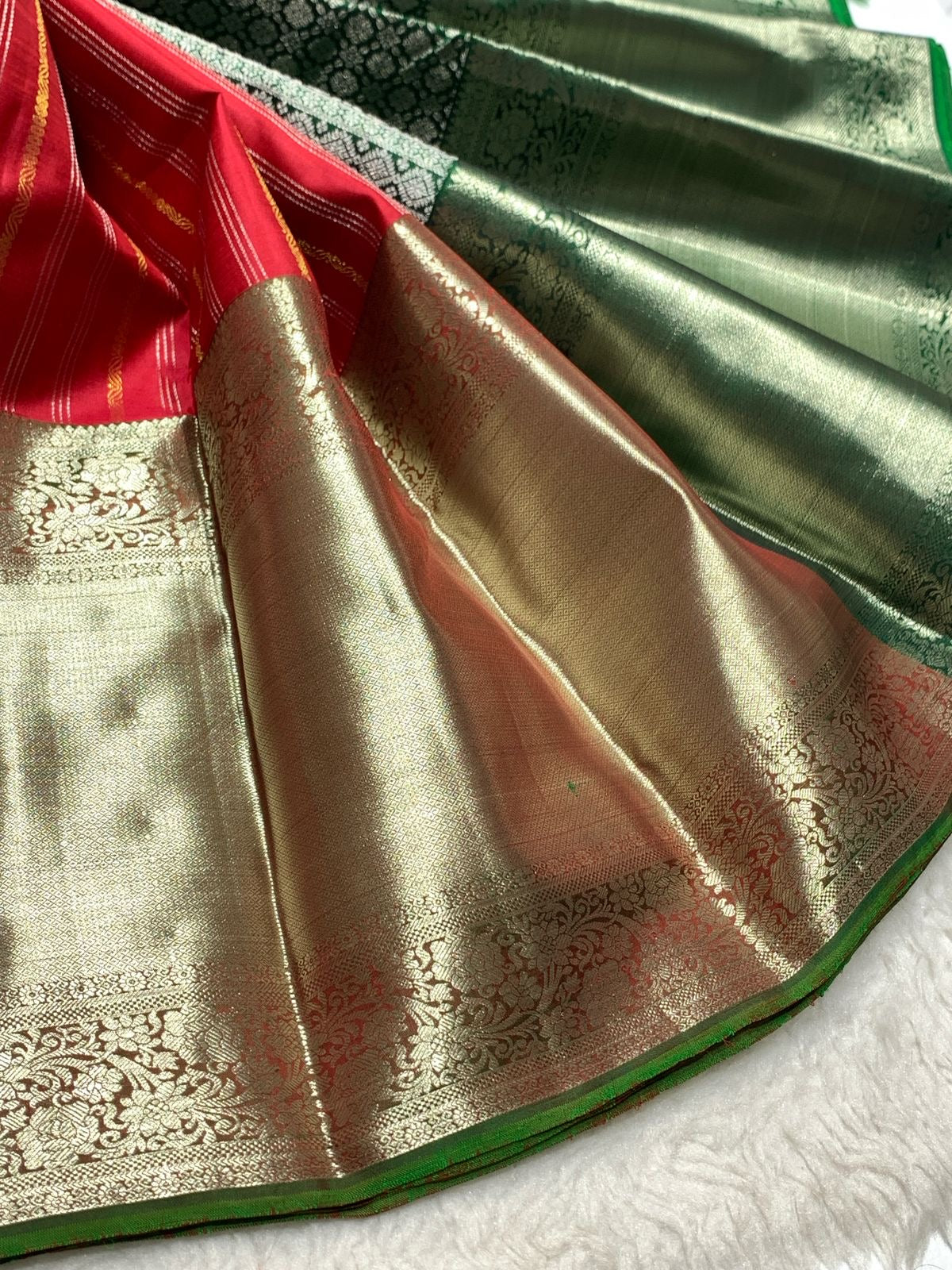 Classic Tomato Red & Emerald Green 2gm Zari Elegance Kanchipuram Handloom Silk Saree SS24615