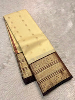 Load image into Gallery viewer, Classic Butter Cream &amp; Coffee Brown Elegance Semi Tissue Kanchipuram Handloom Silk Saree SS27862
