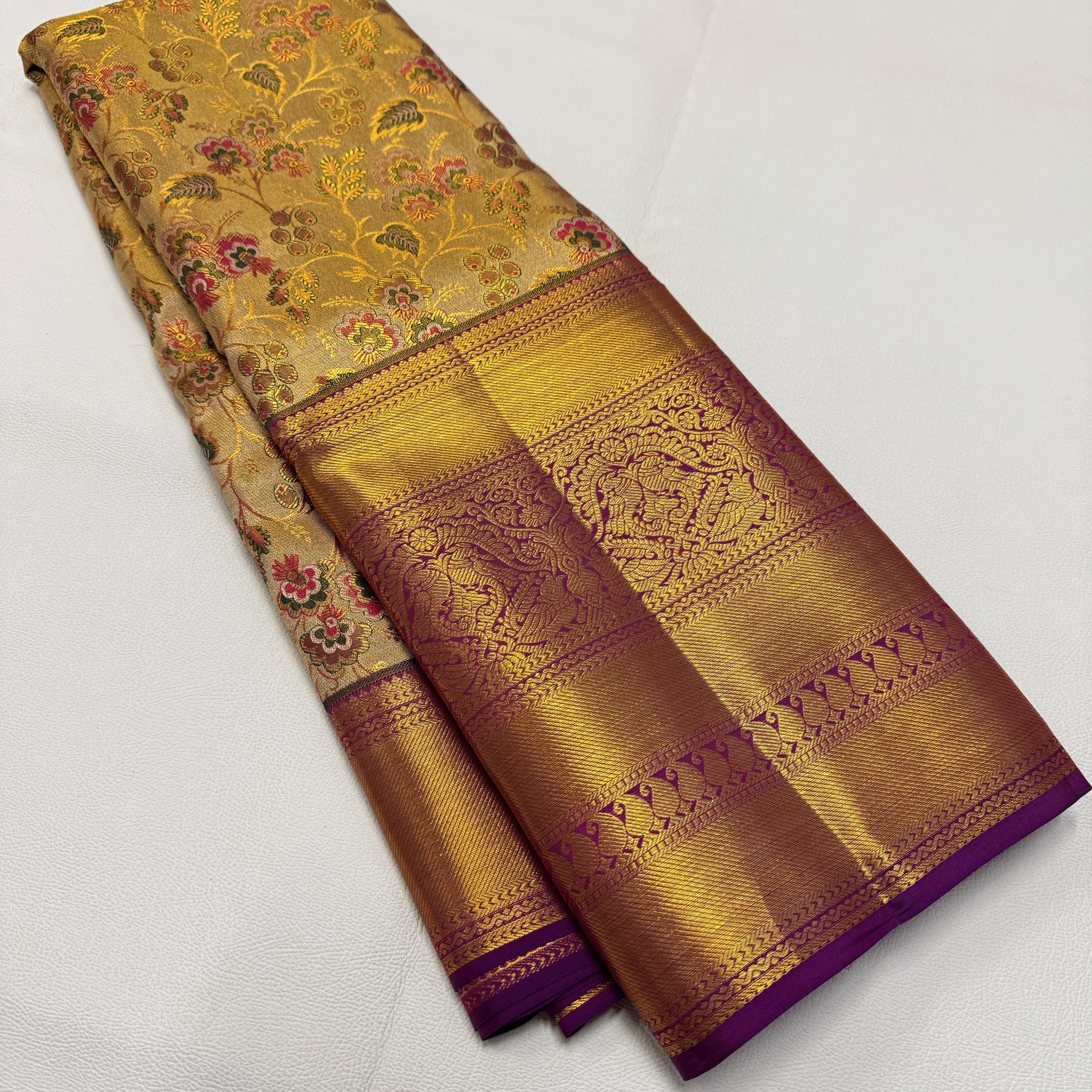 Classic Gold & Vadamalli Purple Korvai Border 1gm Zari Meena Floral Bridal Elegance Kanchipuram Tissue Handloom Silk Saree SS25353