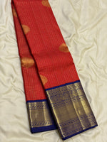 Load image into Gallery viewer, Classic Brick Orange &amp; Royal Blue 2gm Zari Vaira Oosi Checks Elegance Kanchipuram Handloom Silk Saree SS27618
