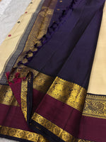 Load image into Gallery viewer, Classic Pearl Cream &amp; Berry Wine Blue Elegance Kanchipuram Handloom Silk Saree SS26956
