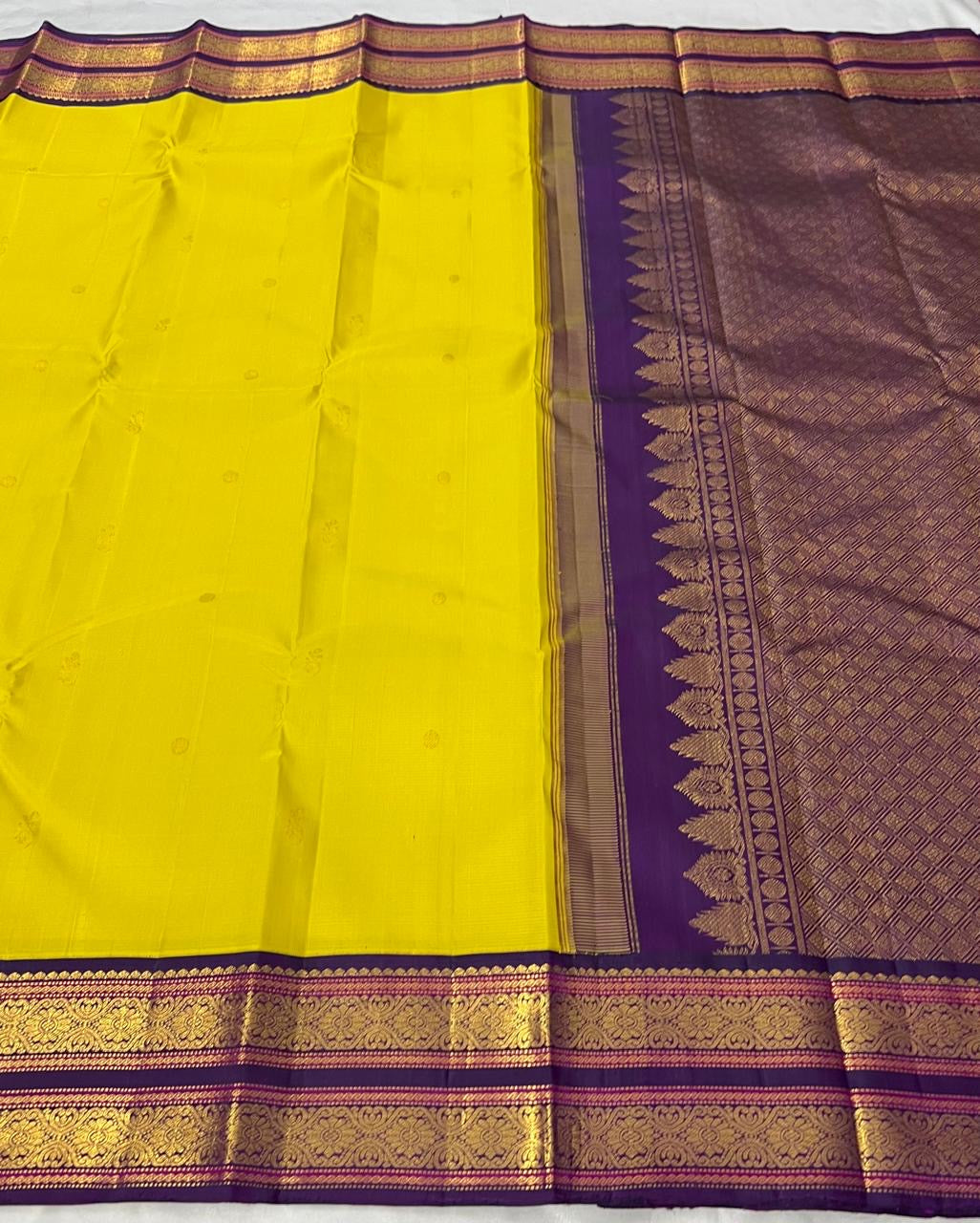 Classic Sunny Yellow & Violet 2gm Zari Bridal Elegance Kanchipuram Tissue Handloom Silk Saree SS24767