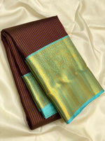 Load image into Gallery viewer, Classic Dark Chocolate &amp; Ice Blue 1gm Zari Vaira Oosi Checks Elegance Kanchipuram Handloom Silk Saree SS25497
