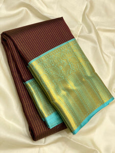 Classic Dark Chocolate & Ice Blue 1gm Zari Vaira Oosi Checks Elegance Kanchipuram Handloom Silk Saree SS25497