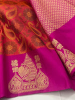 Load image into Gallery viewer, Classic Burnt Orange &amp; Deep Fuchsia Pink 2gm Zari Elegance Kanchipuram Handloom Silk Saree SS27177
