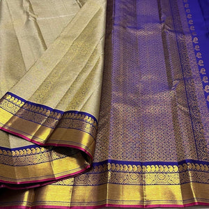 Classic Antique Sand Beige & Royal Blue 1gm Zari Bridal Elegance Kanchipuram Handloom Silk Saree SS23793