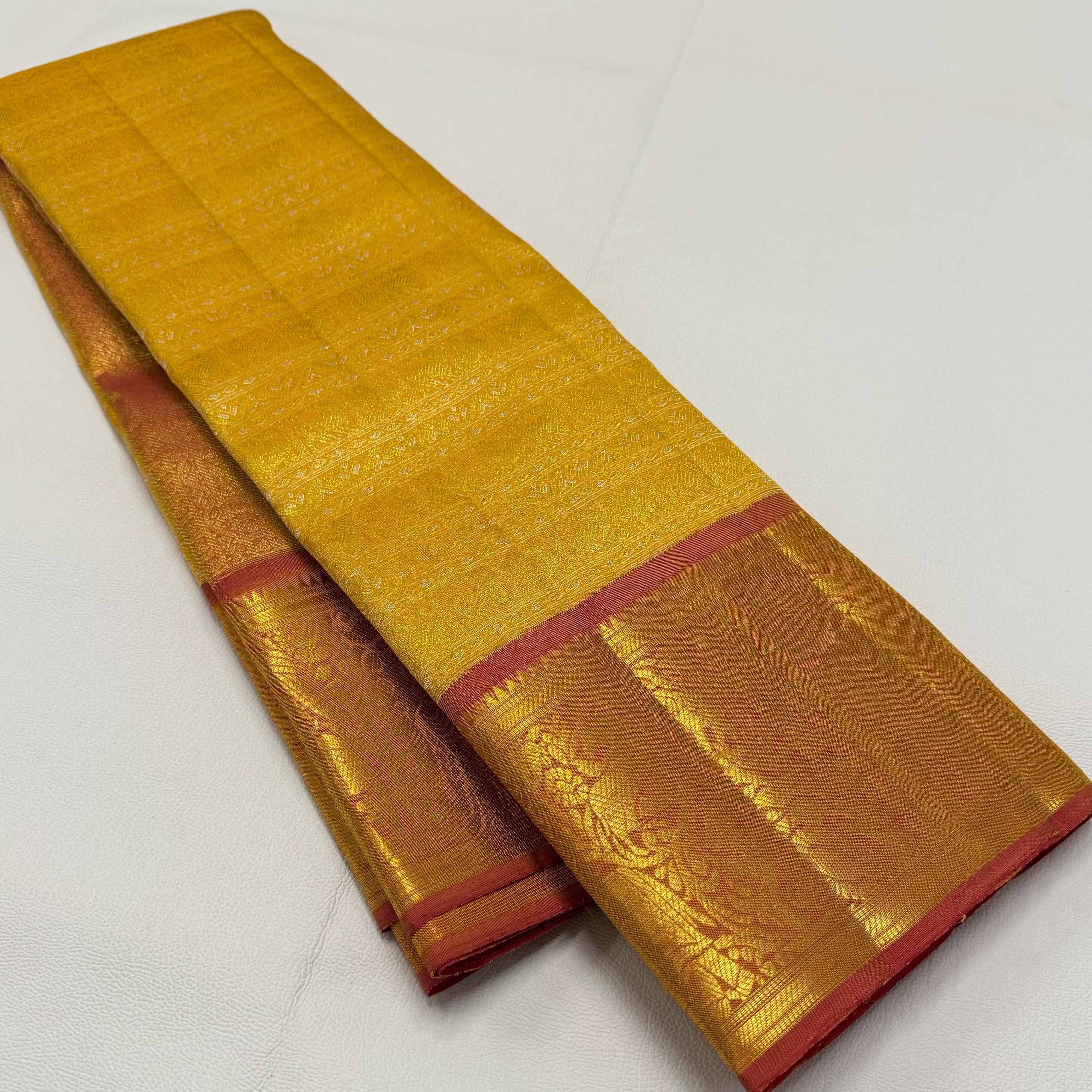 Classic Golden Yellow & Peanut Butter Brown 1gm Zari Bridal Elegance Kanchipuram Handloom Silk Saree SS24633