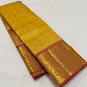 Classic Golden Yellow & Peanut Butter Brown 1gm Zari Bridal Elegance Kanchipuram Handloom Silk Saree SS24633