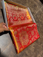 Load image into Gallery viewer, Classic Fiery Reddish Orange Gold Bridal Elegance Tissue Kanchipuram Handloom Silk Saree SS27986
