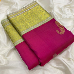 Classic Dark Pink & Oatmeal Beige 2gm Zari Kanchipuram Handloom Silk Saree SS25836